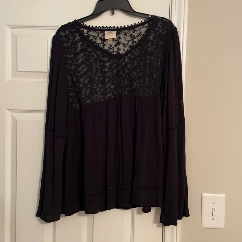 Black Bell Sleeve Top with Lace Upper-Half
